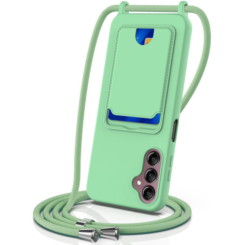 Samsung Galaxy A16 5G Integrated Card Bag Solid Color Liquid Silicone Phone Case with Lanyard - Green